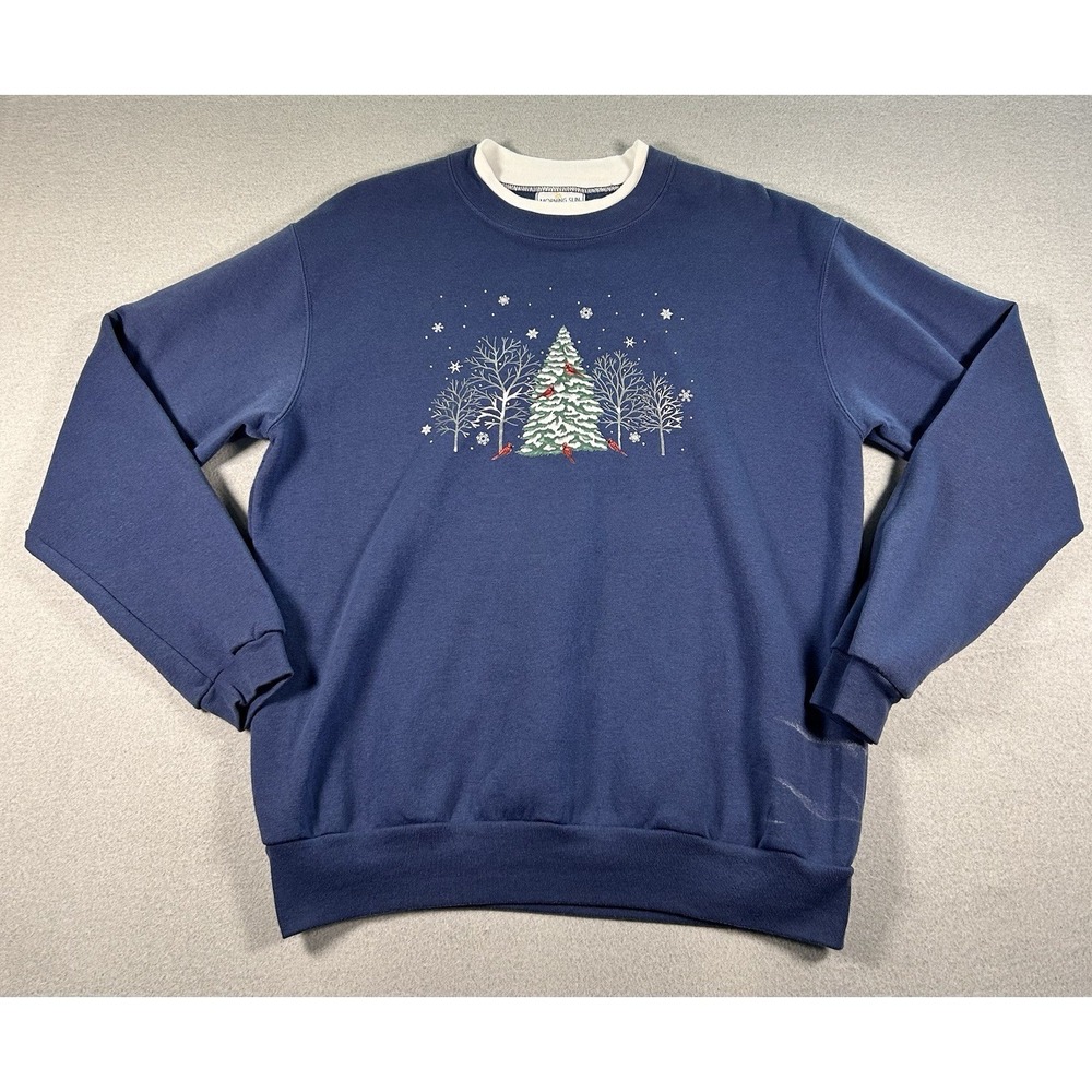 VTG 90s Womens Graphic Crewneck Sweater LARGE Blue Christmas Cardinal Grandma